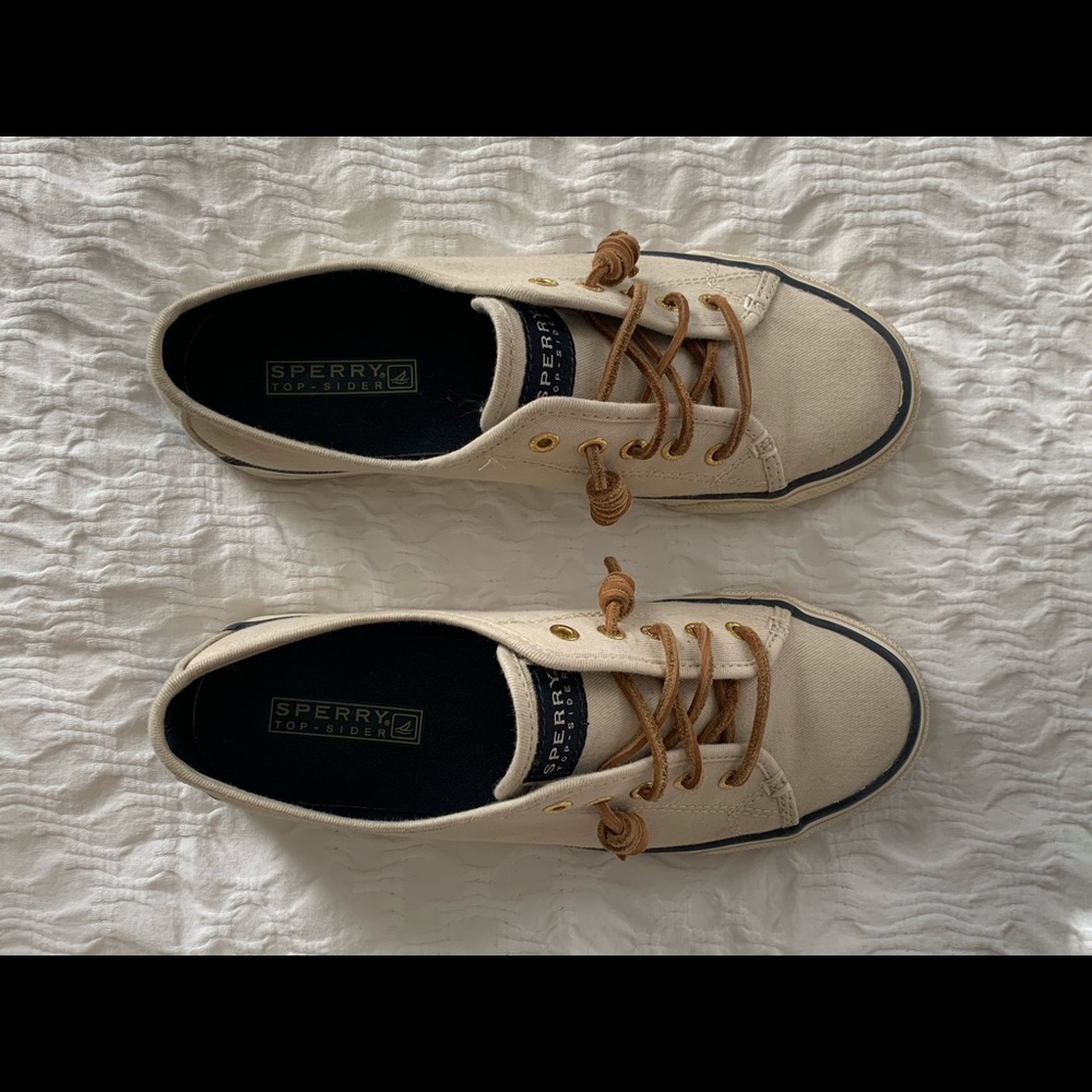Sperry Shoes, Ivory Canvas with Leather Coil Laces